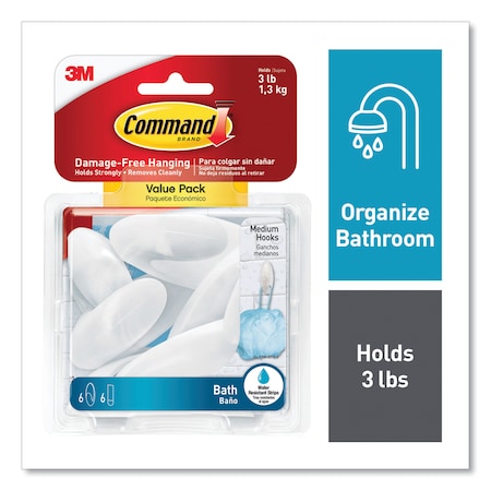Command Medium Bath Hooks Value Pack, Plastic, White, 3 lb Capacity, 6 Hooks and 6 Strips BATH18-6ES